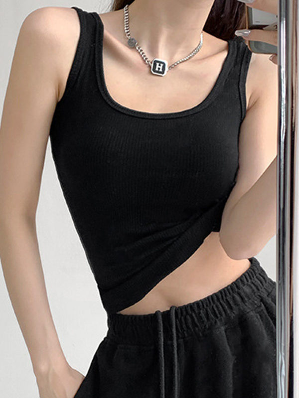 High Elasticity Solid U Neck Slim Tank Top-1