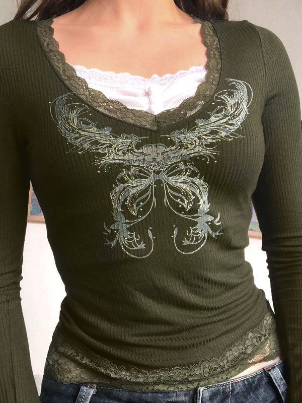 Vintage Graphic Print Lace Trim Splice Long Sleeve Knit-1