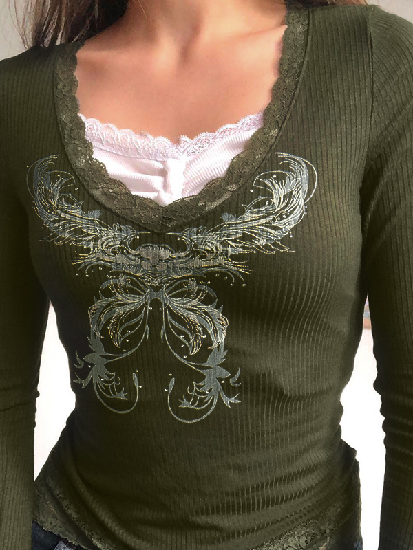 Vintage Graphic Print Lace Trim Splice Long Sleeve Knit-2