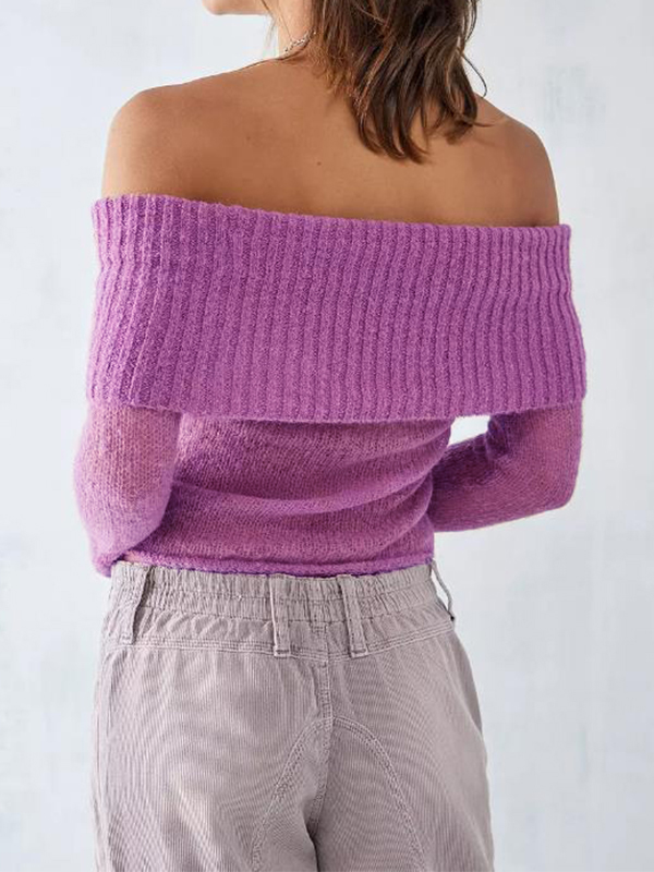 Off Shoulder Splice Thin Long Sleeve Knit-3