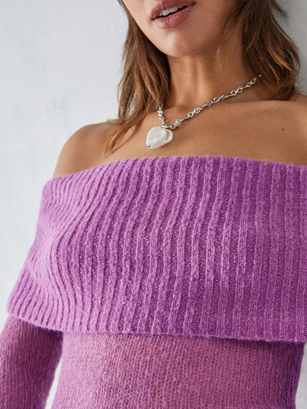 Off Shoulder Splice Thin Long Sleeve Knit-2