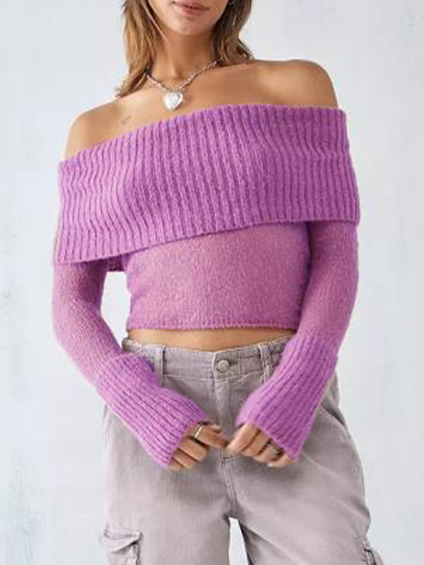 Off Shoulder Splice Thin Long Sleeve Knit-1