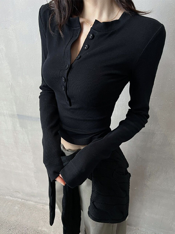 Solid Breasted Slim Long Sleeve Knit-3
