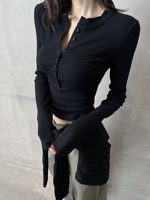 Solid Breasted Slim Long Sleeve Knit-1