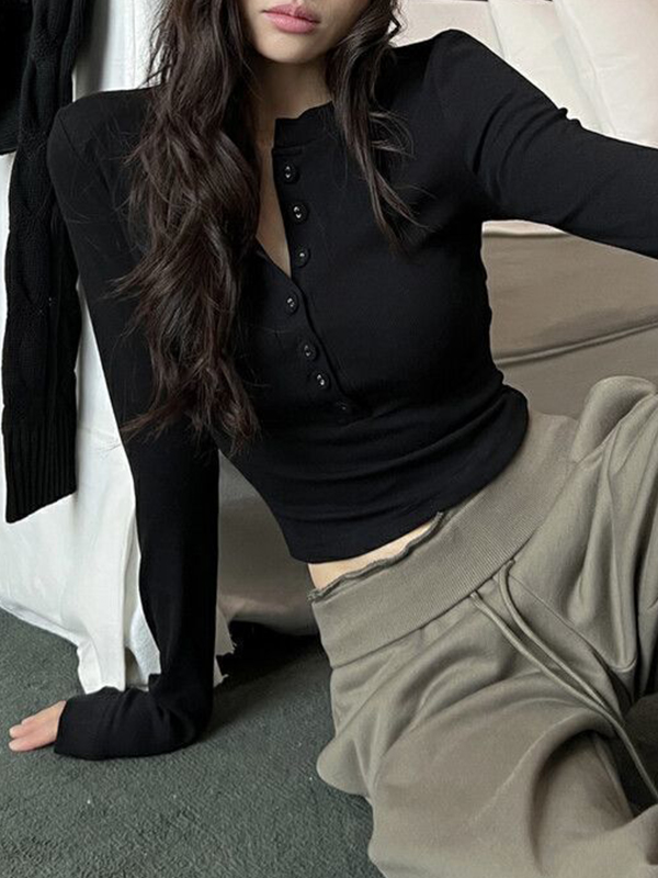 Solid Breasted Slim Long Sleeve Knit-2