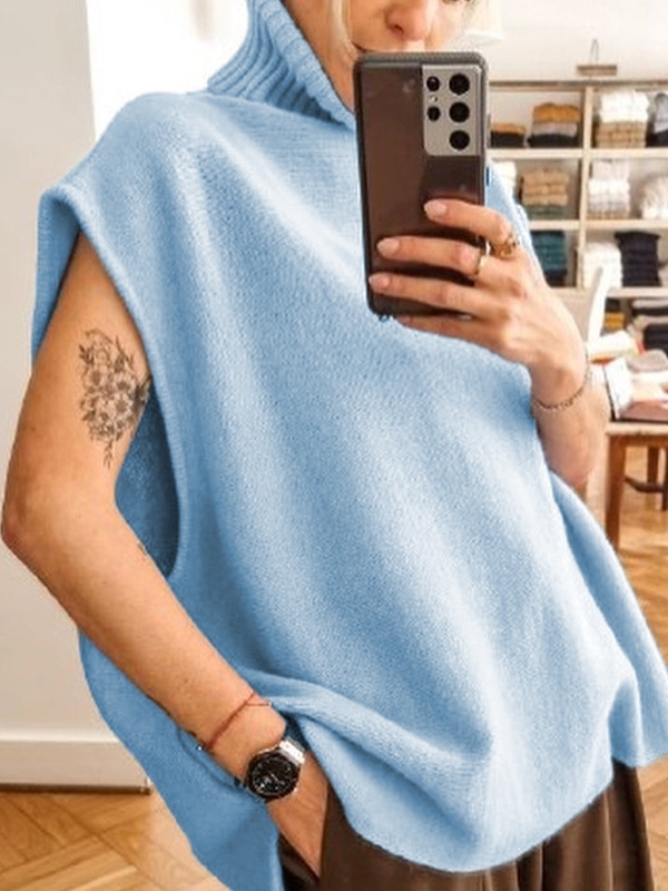 Solid High Neck Loose Sweater Vest-2