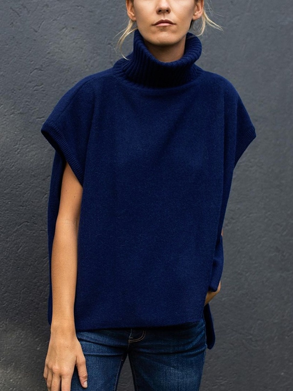 Solid High Neck Loose Sweater Vest-2