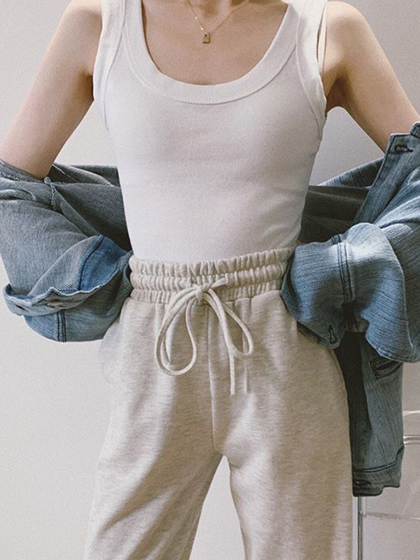 Solid Ribbed U Neck Tank Top-2