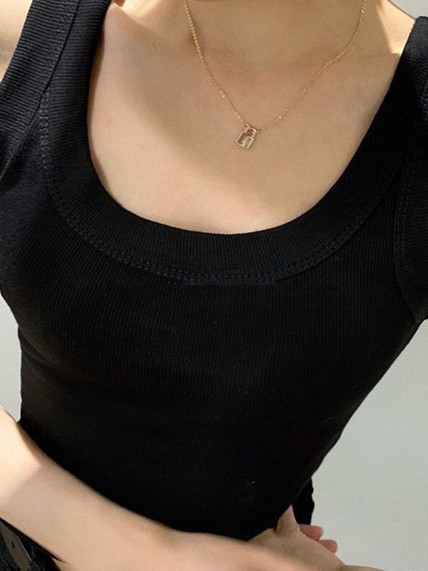 Solid Ribbed U Neck Tank Top-2