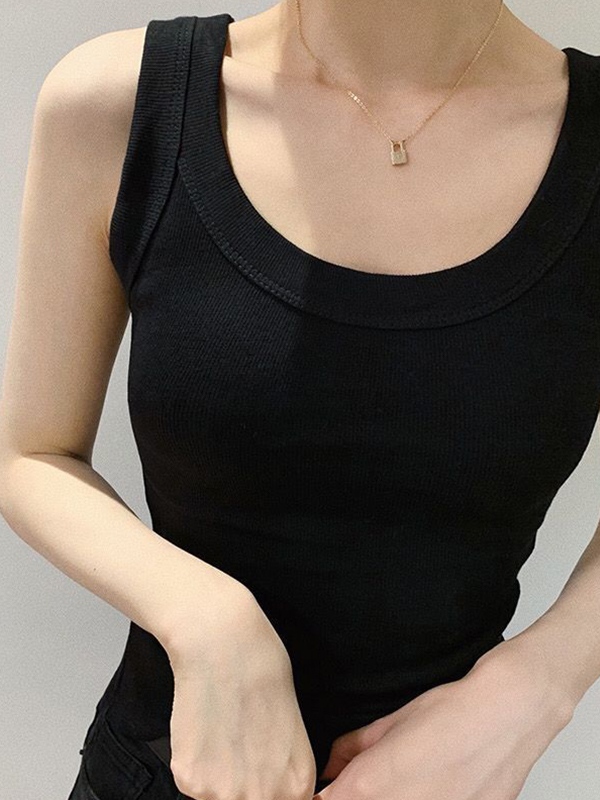Solid Ribbed U Neck Tank Top-1