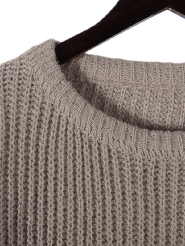 Solid Crew Neck Knit Sweater-2