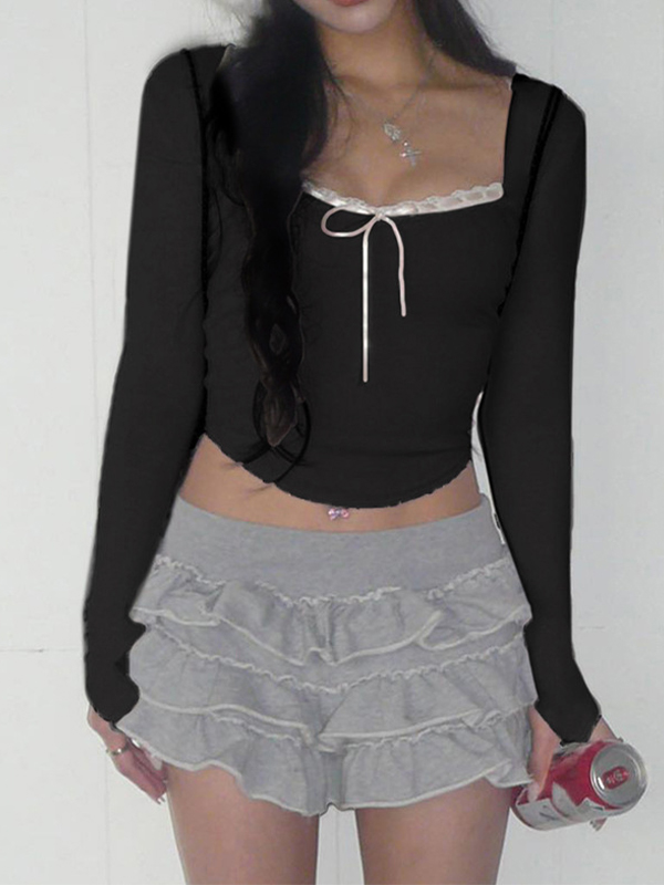 Lace Splice Tie Front Square Neck Long Sleeve Knit-2