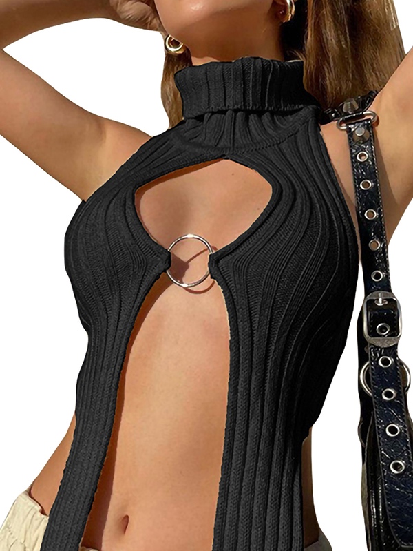 Cutout Metal Ring Slit Backless Knit Tank Top-2