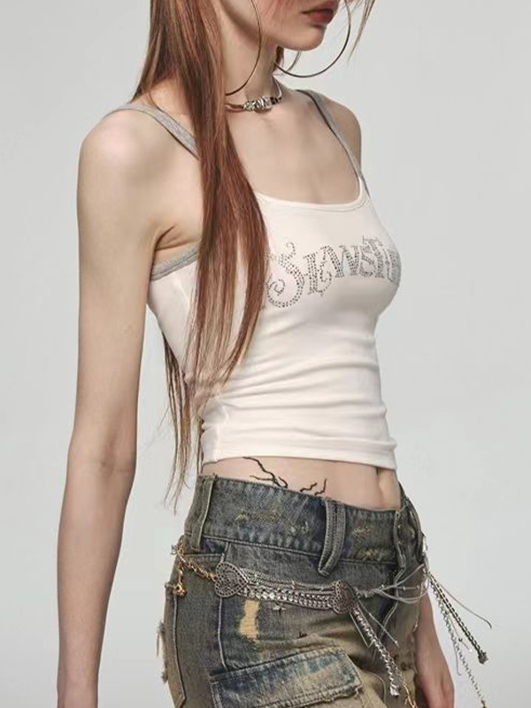 Letter Rhinestone Print Splice Cami Top-4