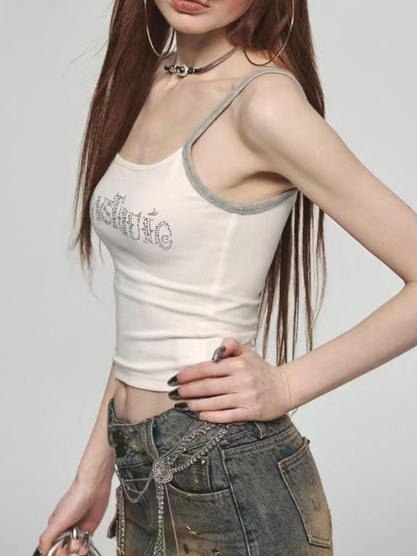 Letter Rhinestone Print Splice Cami Top-5